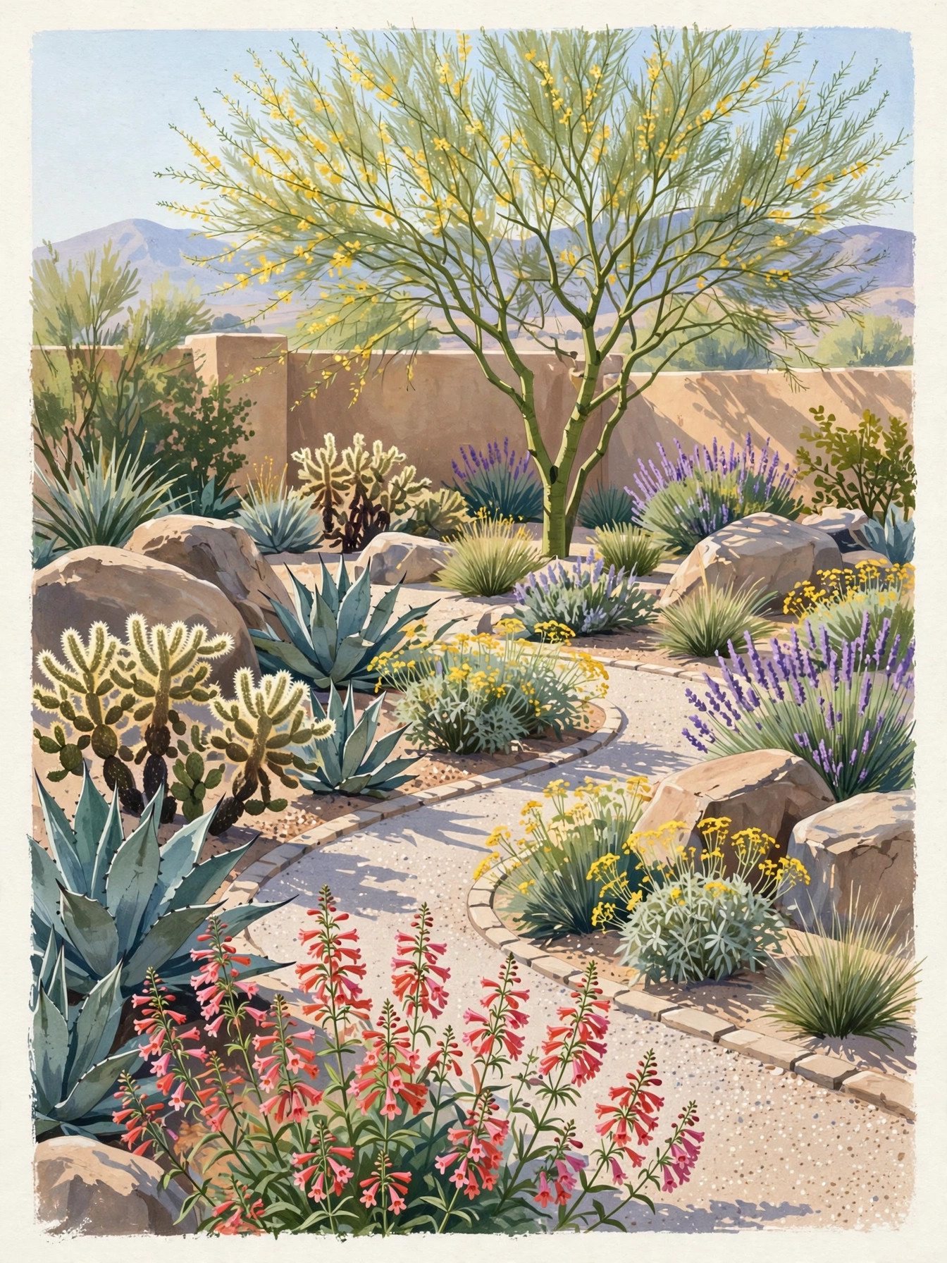 Illustrated drought-smart front garden with native plants and a gravel path