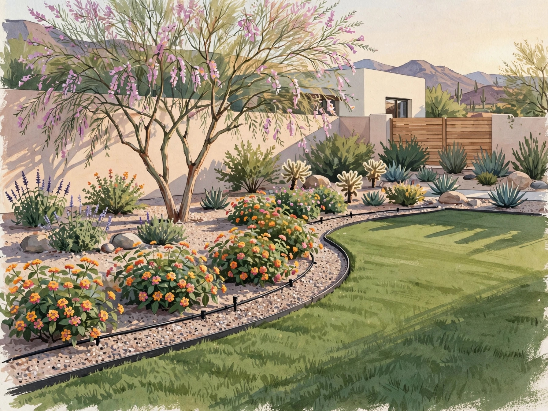 Illustrated green backyard with crisp lawn edges and flowering desert plants