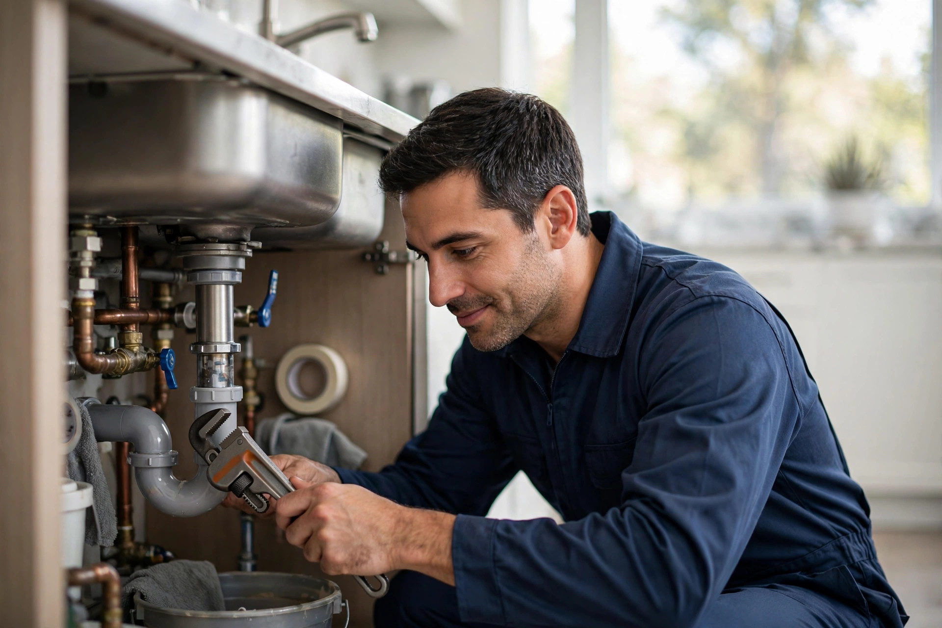 Harbor Line plumber repairing pipes under a kitchen sink